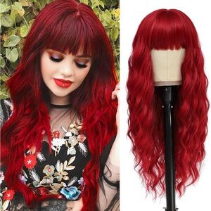 Deep Red Wavy Long Wig with Bangs - Vibrant Red